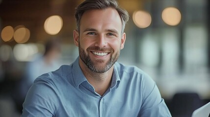 Obraz premium Positive Energy and Productivity Smiling Businessman Working on Laptop in Modern Office Space