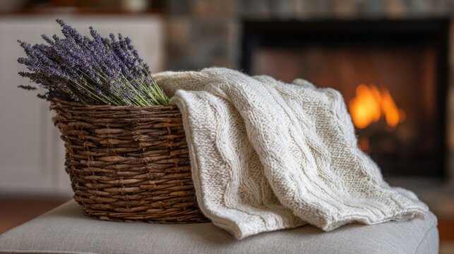 Warm textured knitted blanket draped over a wicker basket with lavender by a fireplace