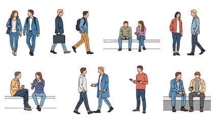 Fototapeta premium Vector 2D CAD illustration of people walking and sitting in various casual outfits