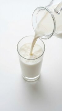 White milk pours from clear jug into tall glass. Bright clean scene representing health and purity. Ideal for dairy advertising or healthy lifestyle content.