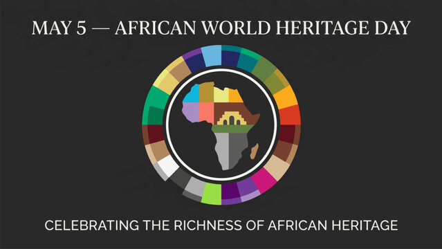 A graphic celebrating African World Heritage Day on May 5th, featuring a colorful map of Africa surrounded by a vibrant spectrum of colors.