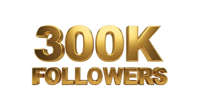 300k followers celebration golden 3d text isolated on transparent background