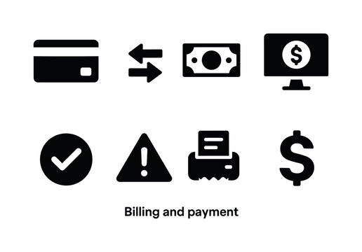 Billing and payment: credit card, bank transfer arrows, cash payment, online payment, payment confirmation checkmark, overdue warning, receipt printer, currency symbol.