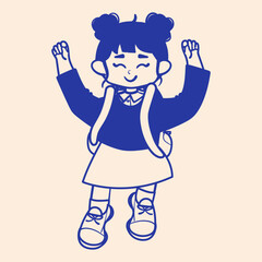 Hand drawn school girl character in vector doodle style. Cute student girl with backpack jumping for joy and celebrating success isolated on light background for education design.