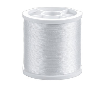 A white spool of thread is shown against a black background.
