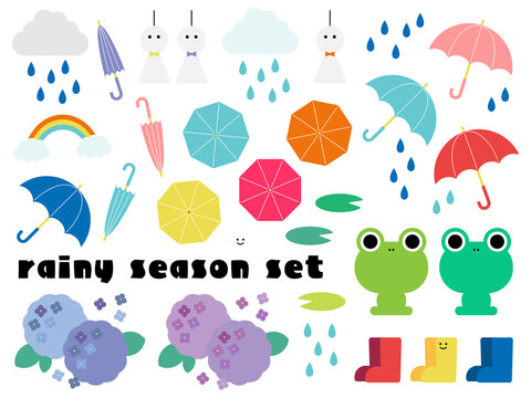 ポップな梅雨のイラストセット（PNG）
