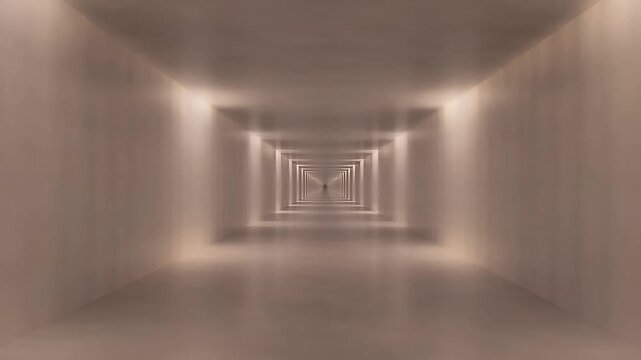 A futuristic tunnel stretches out with glowing lines on the walls and ceiling leading to a distant geometric pattern.