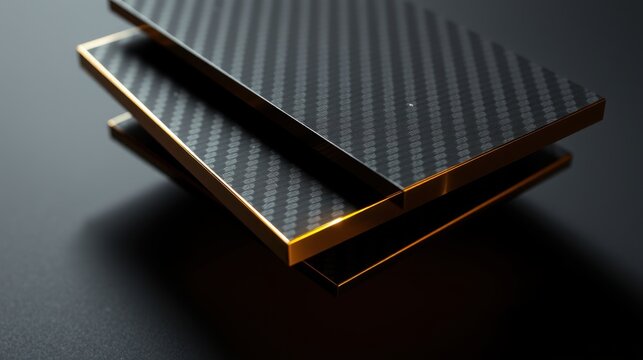 Carbon fiber rectangles overlap. Gold edges highlight sleek, modern design. Dark background emphasizes texture, material quality.