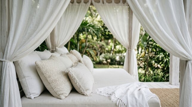 Serene outdoor daybed draped in white sheer curtains with lush tropical greenery in the background
