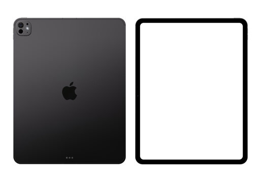 Photorealistic detailed Apple iPad Pro M5 13 inches 2025 Space black mockup. Real dimentions. Front and rear view isolated on transparent background. Vector editorial PNG