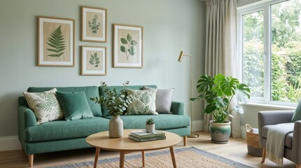 Fototapeta premium Serene living room with green sofa and botanical art, creating a calm and natural atmosphere