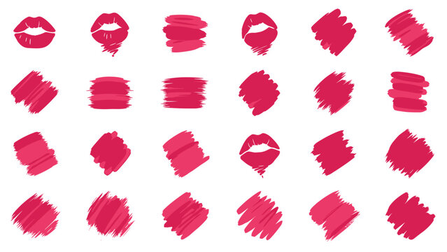 Vibrant collection of pink lipstick kiss marks and bold brushstroke swatches, ideal for beauty, fashion, and romantic designs.