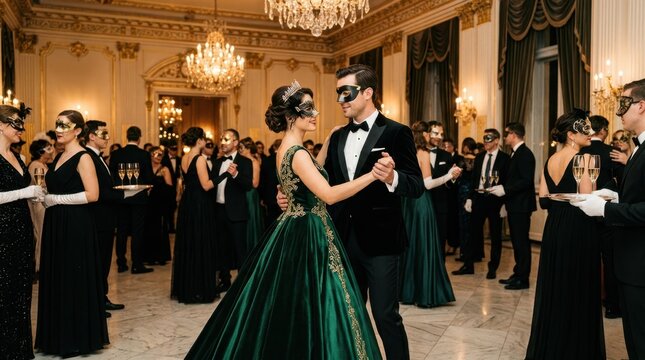 Elegant couple dances at a masquerade ball in a grand ballroom with chandeliers