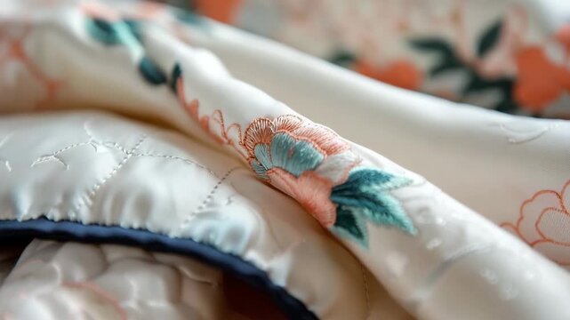 Close-up views of Korean hanbok fabric featuring colorful floral embroidery. The intricate stitching forms beautiful designs and highlights the craftsmanship of the textile