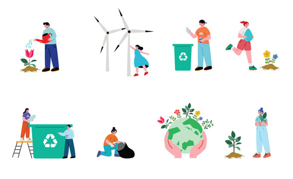 地球環境に配慮する人々ののイラストセット