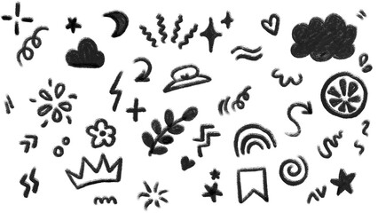 Fototapeta premium Transparent Black and White Doodle Set: Hand-Drawn Sketch Elements including Stars, Cloud, Hearts, Crown, Flowers, Rainbow, Arrows, Lightning, and more Graphic Illustrations