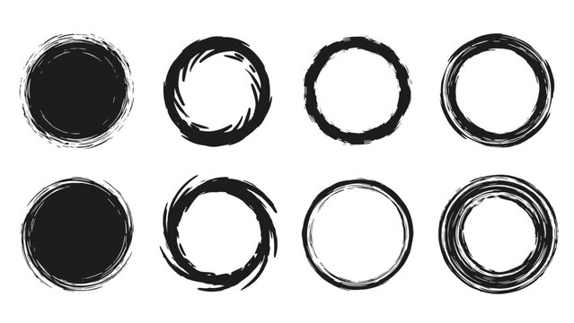 Diverse collection of bold black brushstroke circles and frames in various textures and styles, ideal for artistic and abstract design elements.