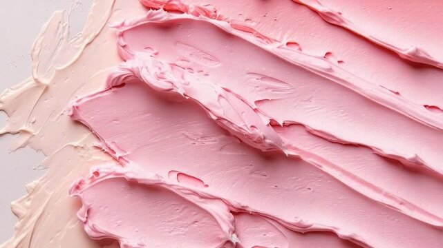 The video shows how to apply pink abstract frosting on a cake. A person uses a spatula to create smooth edges and patterns. The setting is a home kitchen during a baking session