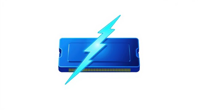 Blue ram module with lightning bolt symbol. Represents fast memory, speed, computer hardware component. Modern technology illustration.