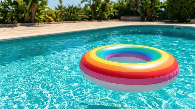 A rainbow inflatable ring floating on turquoise swimming pool water, sunlit ripples and fresh summer color palette symbolizing pride, diversity and carefree leisure with open copy space,