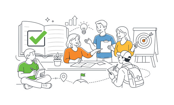 Self reflection goal evaluation scenario showing individuals assessing progress and planning future improvements in a personal or professional context, with a notebook