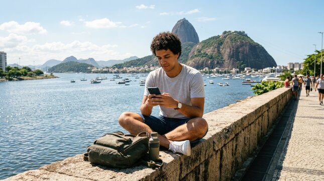 A young man using his phone along Urca&rsquo;s Wall in a sunny setting, coastal background, relaxed posture and bright open-air atmosphere, ultra-realistic, no logos.