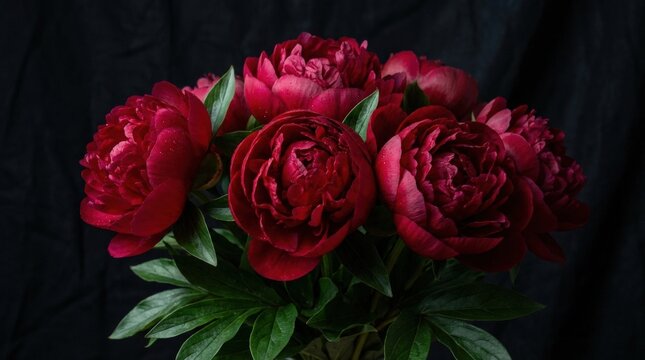 Lush red peonies with green leaves against a dramatic dark backdrop, velvety petals and elegant romantic depth with luxurious floral richness, ultra-realistic, no logos.