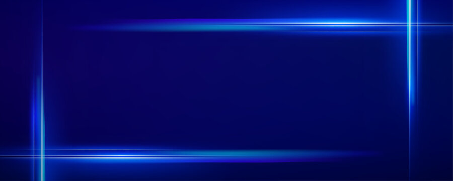 Luminous neon blue geometric light frame on dark blue background