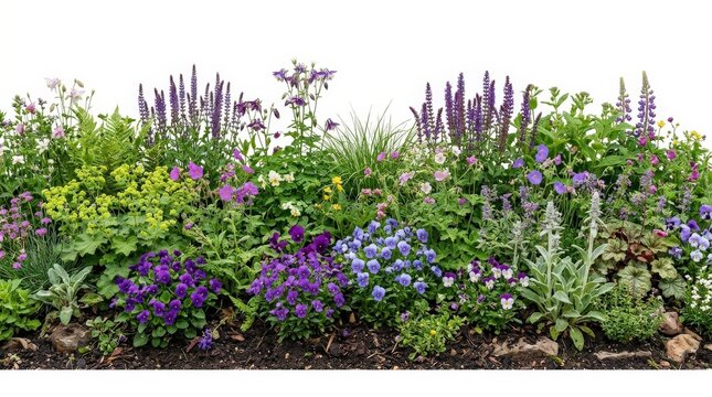 A long colorful flowerbed with blooming violets and mixed plants isolated on white, rich floral textures and lush garden layering with naturalistic detail, ultra-realistic, no logos.