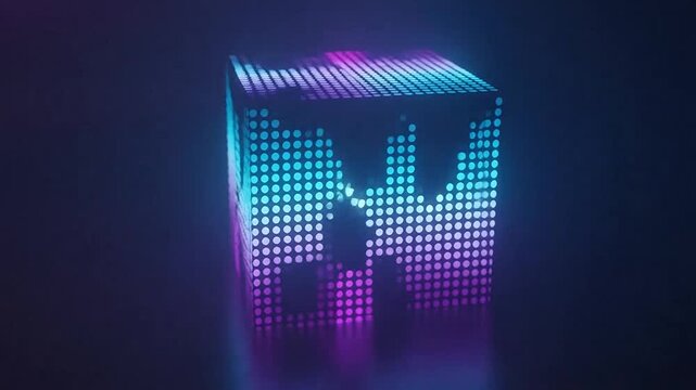 A glowing, geometric cube with a vibrant, colorful light display in a dark environment