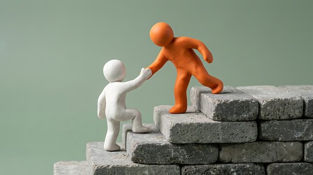 Two figurines helping each other climb concrete stairs representing teamwork and support in personal or professional growth