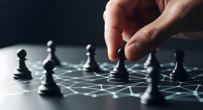 Professional strategy concept featuring chess pieces and interconnected nodes on a modern dark digital surface.