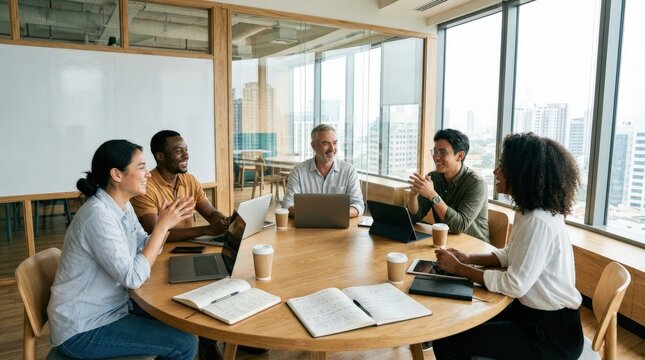 Colleagues meeting around a round table in a modern office, laptops and notebooks open, bright contemporary interior and engaged teamwork atmosphere, ultra-realistic, no logos.