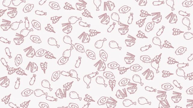 Handdrawn doodle of ramen eggs and chicken creating a cute food pattern. Suitable for foodrelated designs, packaging, and culinary blog.