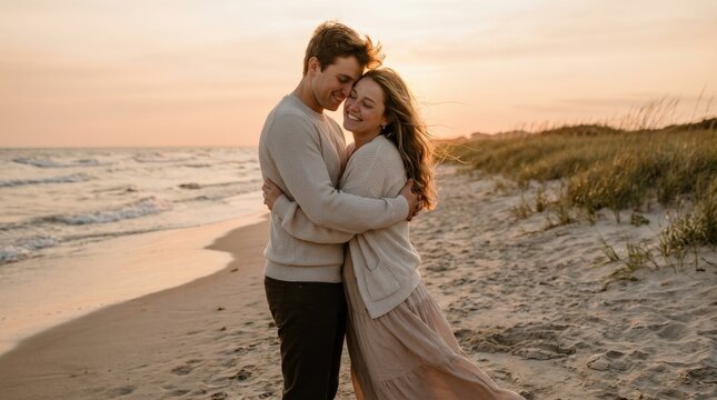A young couple embracing on a beach during a warm sunny evening, golden light, gentle ocean breeze and intimate romantic serenity by the shore, ultra-realistic, no logos.