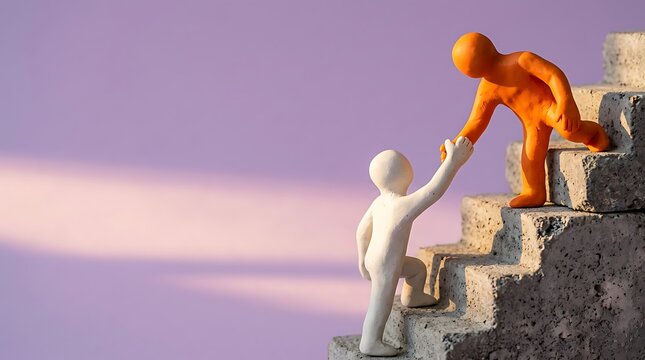 Two clay figures helping each other climb a set of concrete stairs representing teamwork and support
