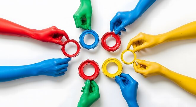 Creative teamwork concept with multi colored painted hands holding circles representing diversity and unity in a group.