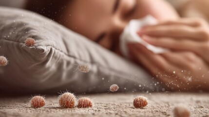 Obraz na płótnie Canvas Close-up of dust mites on bedding with person sneezing from allergy and nasal congestion