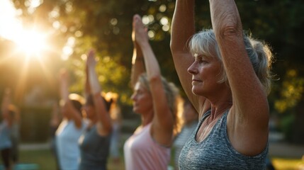 Naklejka premium Senior women practicing outdoor yoga at sunrise in a peaceful park fitness class