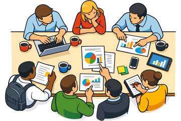 Fototapeta premium Overhead Conference Table Teamwork Concept Illustration