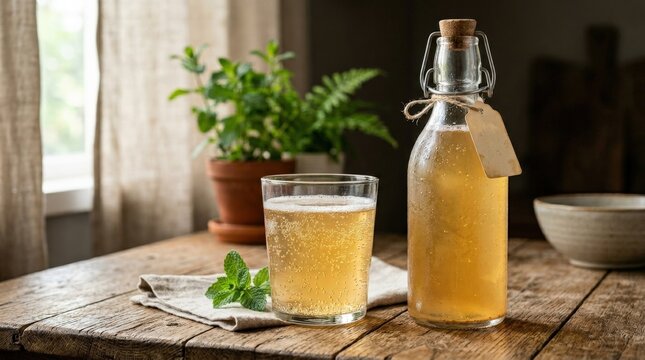 Green tea kombucha in a clear glass bottle with a filled drinking glass on a wooden table, soft daylight, refreshing artisanal beverage mood in vertical composition, ultra-realistic, no logos.