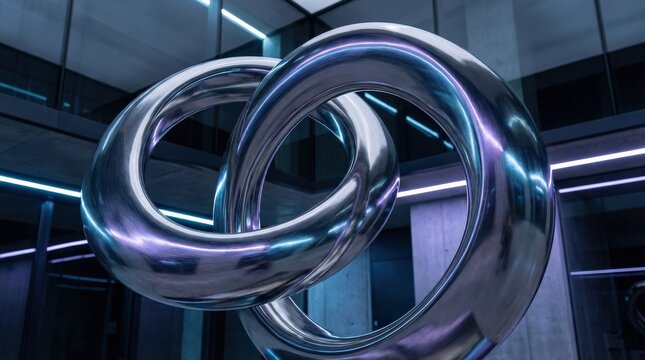 A chrome abstract icon with reflective metallic finish, sleek contours and bold futuristic lighting in a polished modern composition, ultra-realistic, no logos.