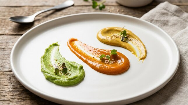 A trio of sauces presented in smooth swirls, green wasabi, orange peanut sauce and yellow mustard, vivid color contrast and clean culinary styling, ultra-realistic, no logos.
