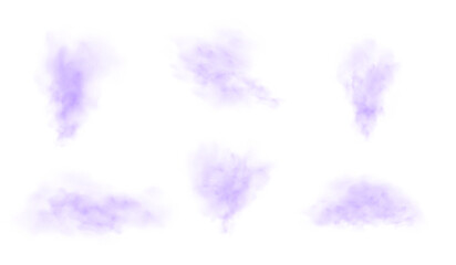 Fototapeta premium Abstract set of purple dust or smoke clouds in various shapes.