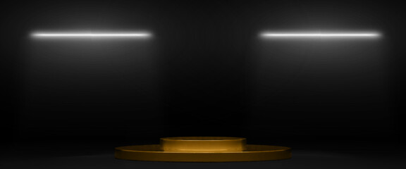 Obraz premium Luxury golden pedestal with LED light illumination on black background. Vector realistic illustration of shiny VIP podium and spotlights on wall, platform for elite cosmetic product presentation