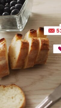 Vertical video: Toast sitting, social badges entering from right, hiding then showing for food ads