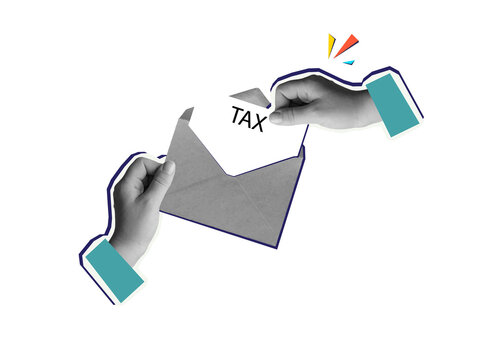 Black and white hand takes a Tax document from opened envelope. Modern collage style. Illustration on a transparent background
