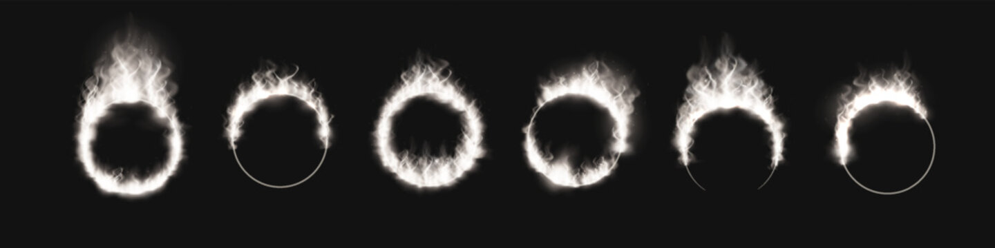 Abstract set of round frames with burning white flames, sparks, and smoke .
