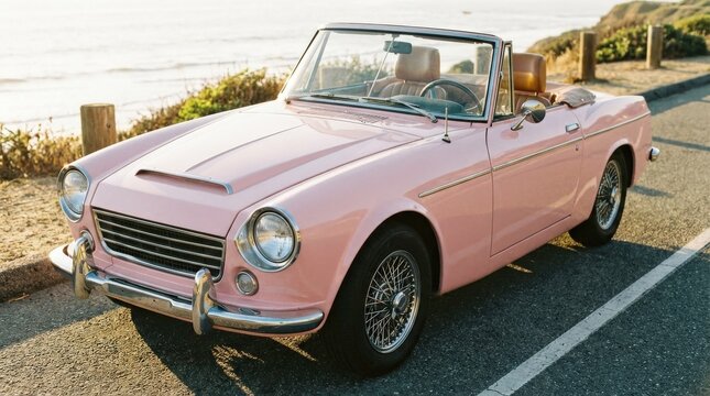A pink vintage Datsun roadster with chrome bumpers and round headlights, retro automotive elegance and polished nostalgic charm, ultra-realistic, no logos.