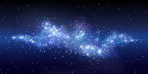 Naklejka premium Starry night sky background with glowing stars, cosmic dust, and blue nebula clouds, abstract vector illustration. Magical space atmosphere, realistic sparkle effect and falling or flying meteor